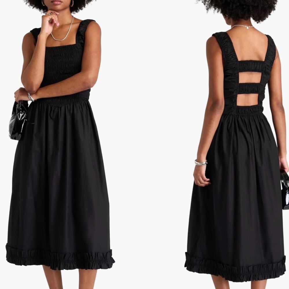 Ganni Back Cutout Cotton Poplin Basque Whimsigoth Grunge Midi Dress Black sz 14